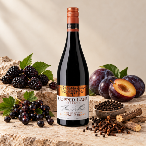 Copper Lane Reserve Shiraz-Merlot rødvin med brombær, solbær, blommer, peber, nellike og lakrids