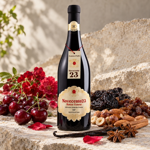 Domus Vini Novecento23 Rosso Veneto rødvin med kirsebær, vanilje, tørrede frugter og ristede nødder