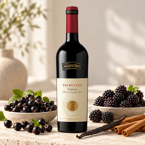 Maestro Italiano Primitivo Puglia rødvin med solbær, brombær, vanilje og krydderier