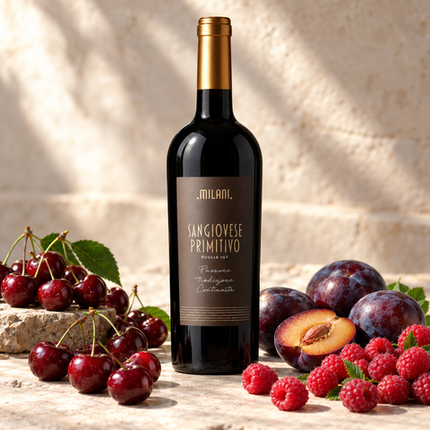 Milani Sangiovese Primitivo rødvin med kirsebær, blommer og røde bær