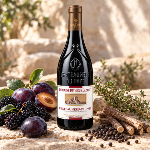 Domaine du Vieux Lazaret Châteauneuf-du-Pape rødvin med mørke bær, blommer, lakrids og peber